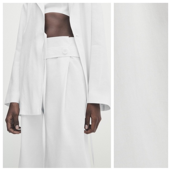 NWT. Massimo Dutti White Wide-Leg Waxed Trousers with Buttoned Strip. Size 6. - Picture 3 of 12